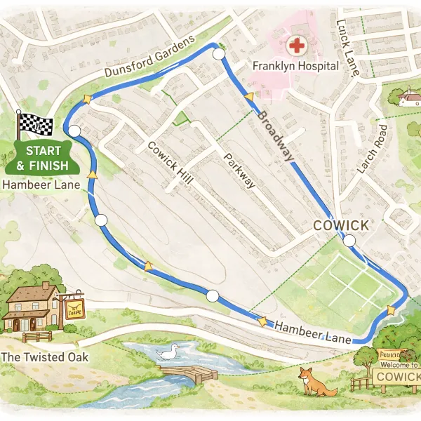 Map showing 1.5-mile circular walk from Dunsford Road along Hambeer Lane near Exeter