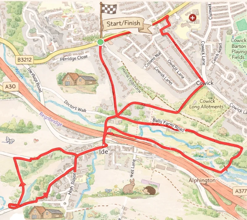 Map of Exeter circular walk from Little John’s Cross to Ide showing the 4.29 mile route
