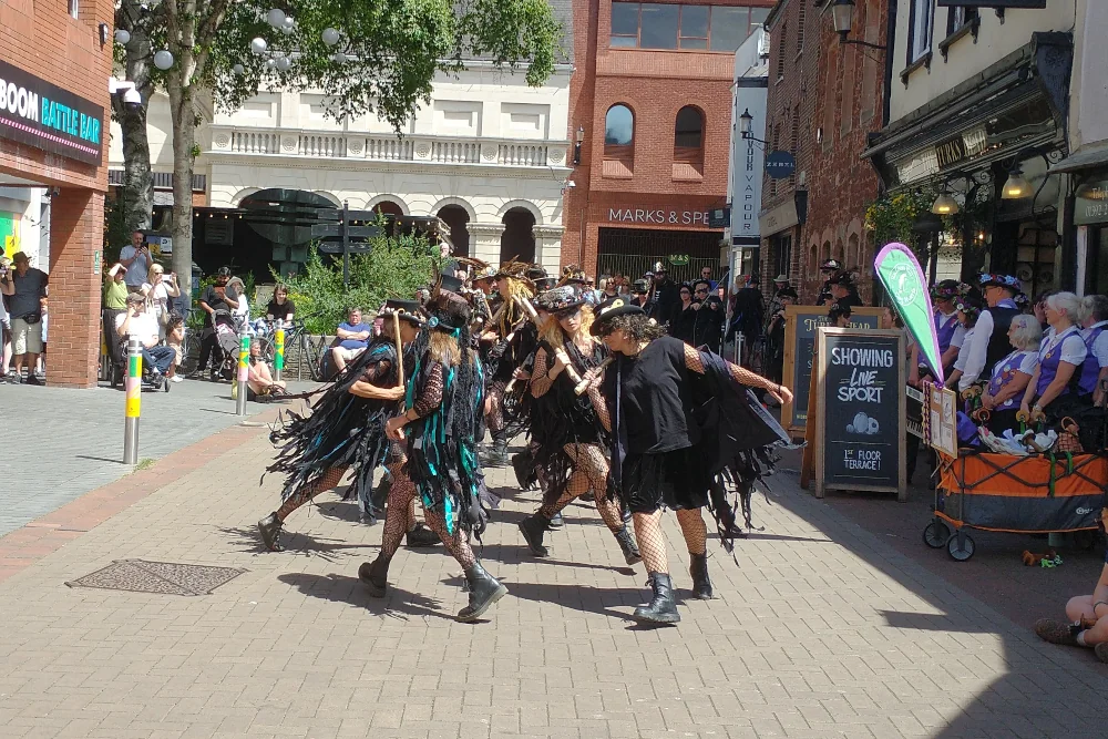 Beltane Border Morris performing in Exeter city centre during 75th anniversary Day of Dance