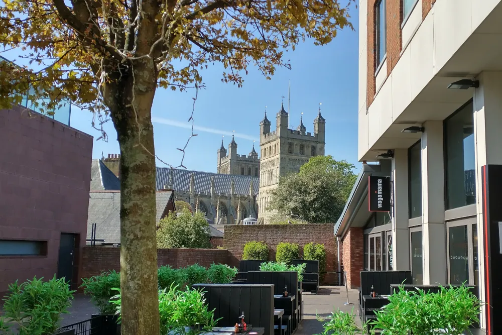 Exeter Cathedral viewed from Princesshay shopping centre