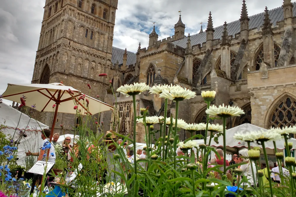 Flower stall in front of Cathedral at the Exeter Craft Festival