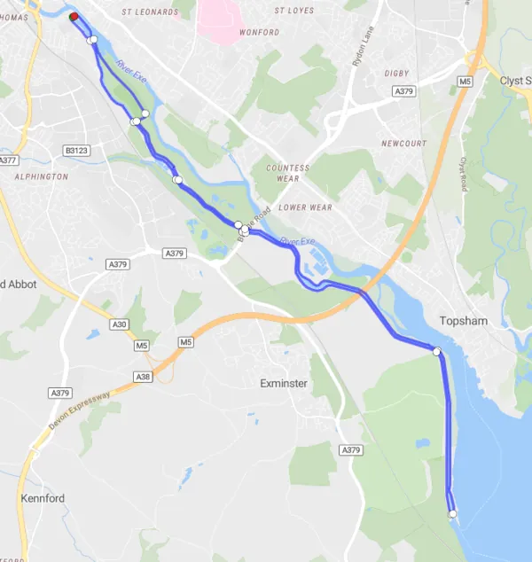 Sketch map showing the Exeter to Turf Locks walking route and return route